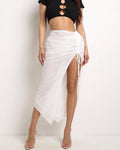 Muvin women's white ariel mesh midi skirt, front view on model