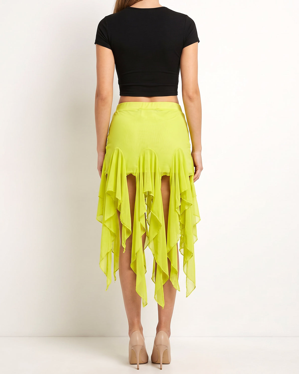 Lime mesh ruffle mini skirt, back view on model