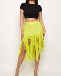 Muvin women's lime mesh ruffle mini skirt, front view on model