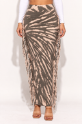 Muvin women's olive and taupe tie-dye fringe maxi skirt, front view showing radial tie-dye pattern and side fringe