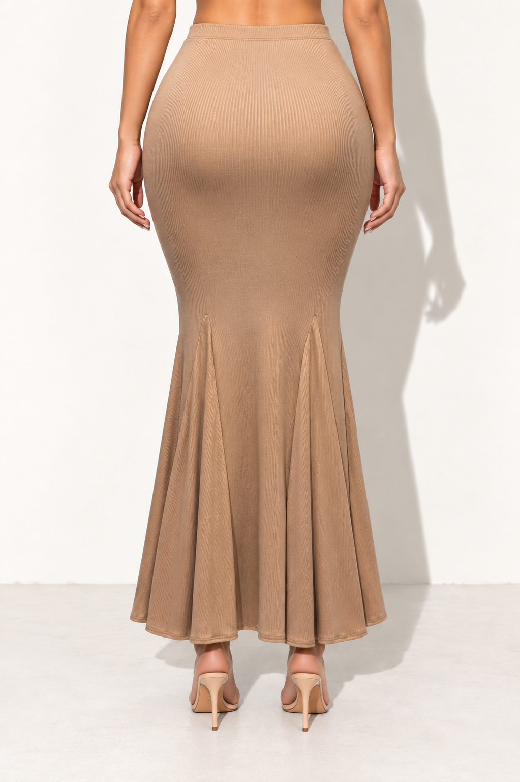 Chocolate ribbed mermaid maxi skirt, back view