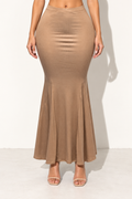 Muvin women's chocolate ribbed mermaid maxi skirt, front view