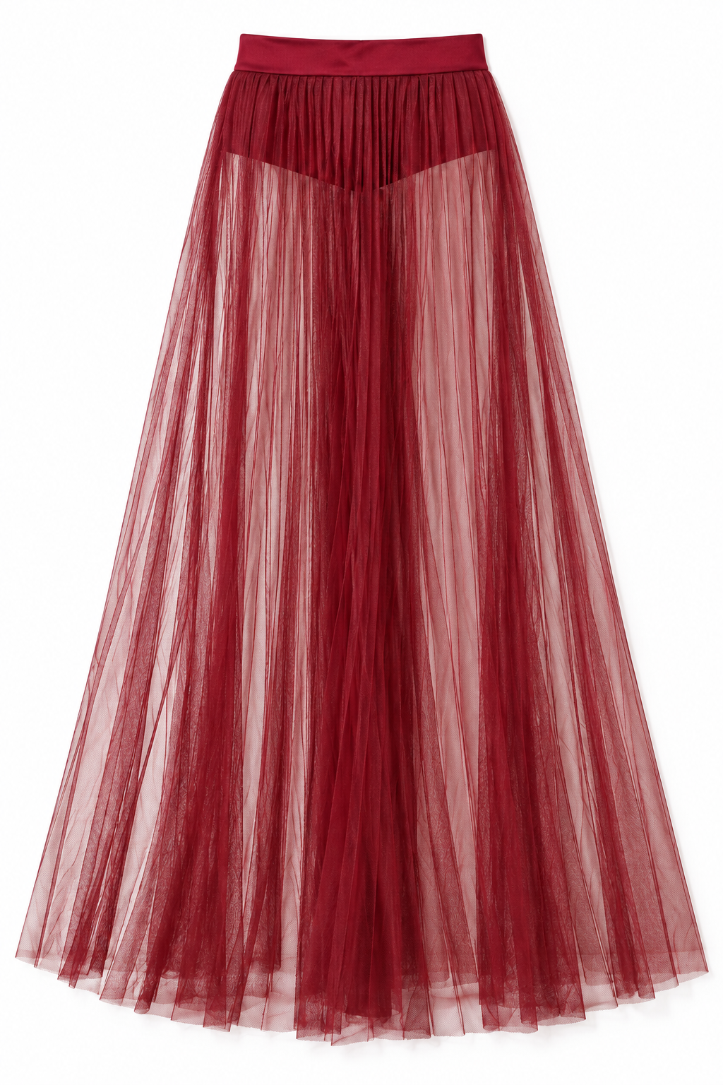 Burgundy pleated mesh maxi skirt, detail view, garment only