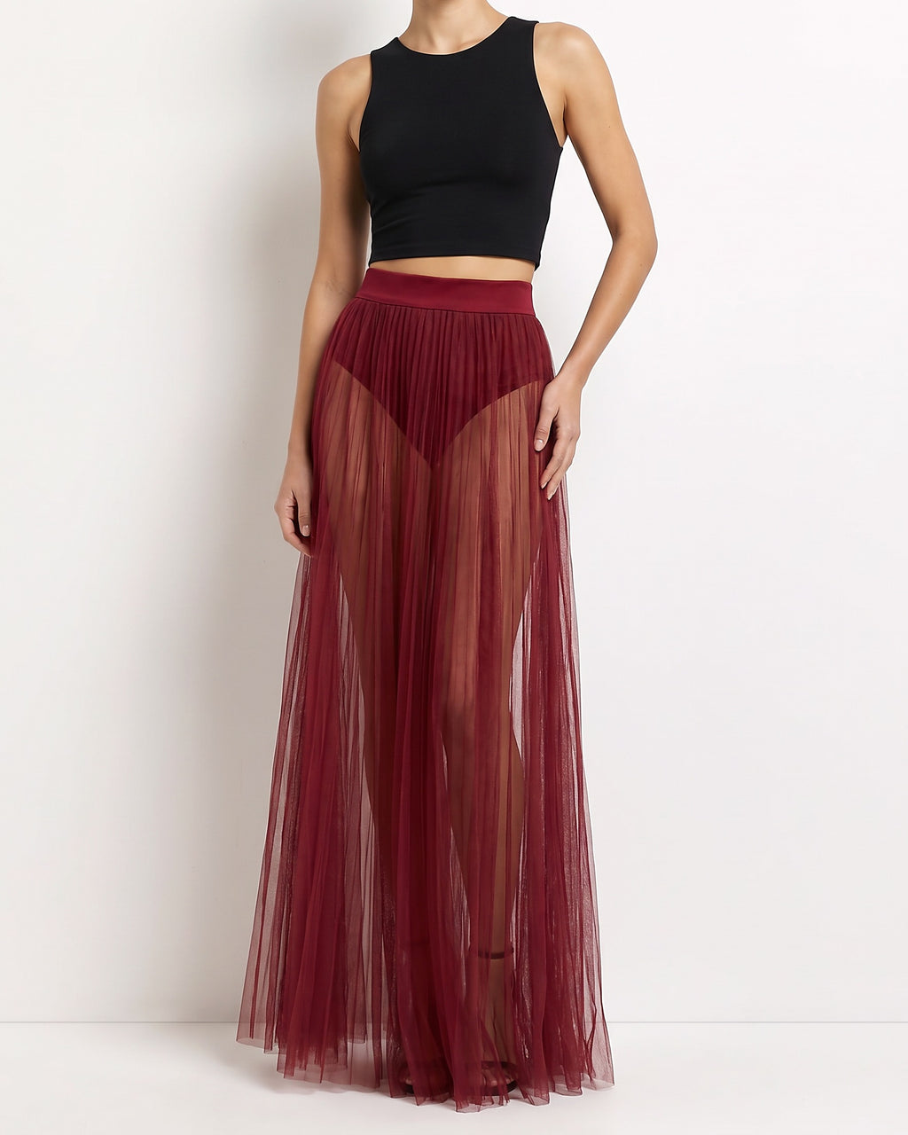 Burgundy pleated mesh maxi skirt, alternate front view on model
