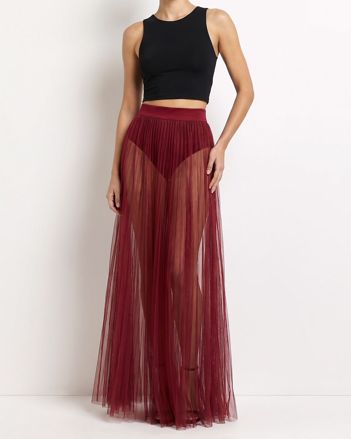 Burgundy pleated mesh maxi skirt, alternate front view on model