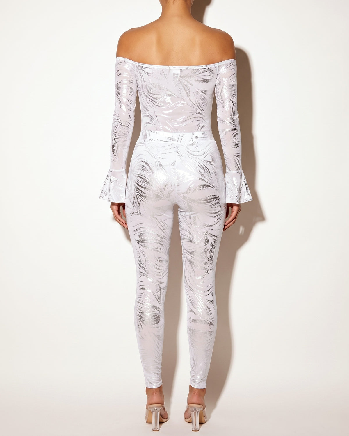 White off shoulder abstract foil print bodysuit, back view on model