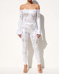 Muvin women's white off shoulder abstract foil print bodysuit, front view on model