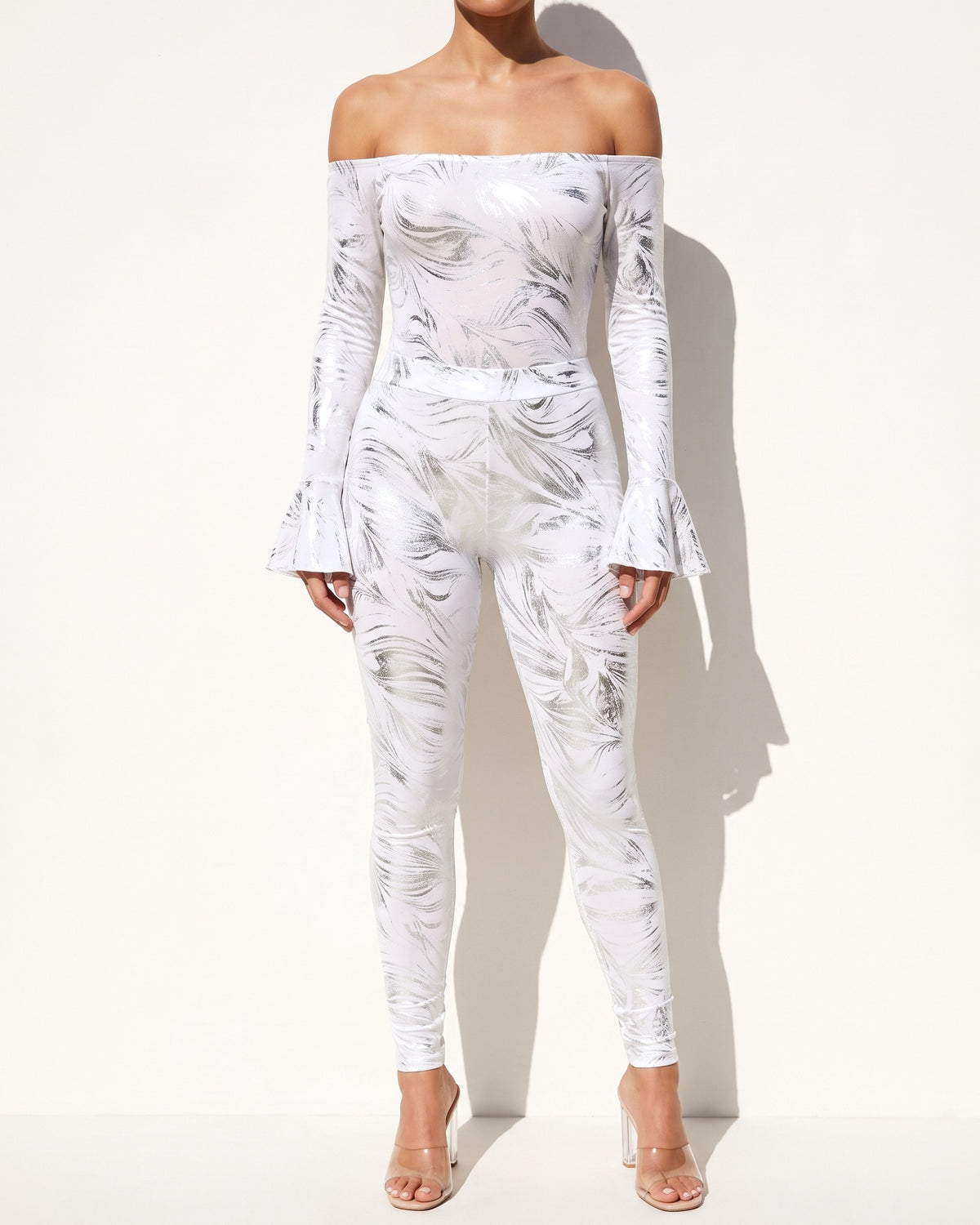 Muvin women's white off shoulder abstract foil print bodysuit, front view on model