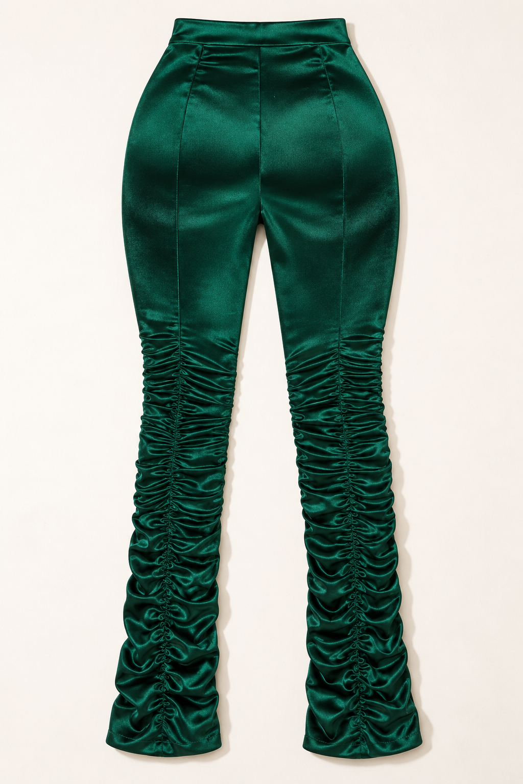 Green satin stacked pants, rear product view with smooth upper panels and ruched legs