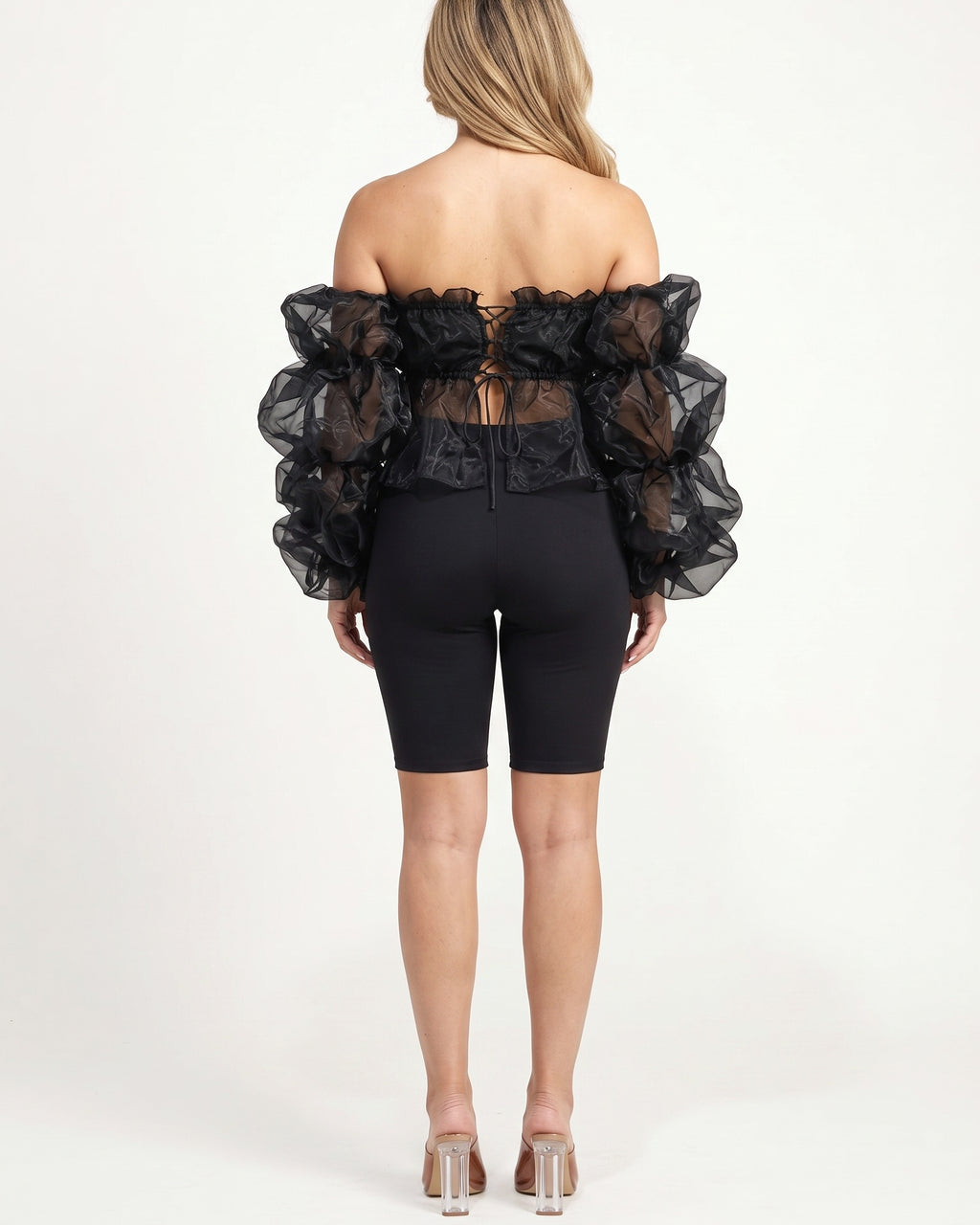 Black organza sleeve detailed set, back view on model