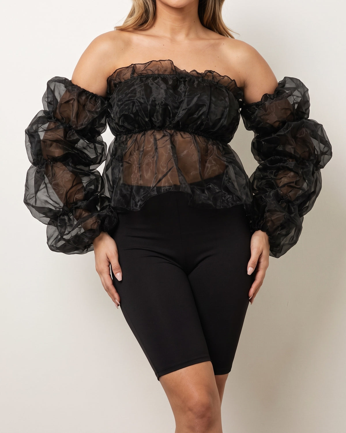 Black organza sleeve detailed set, front view on model