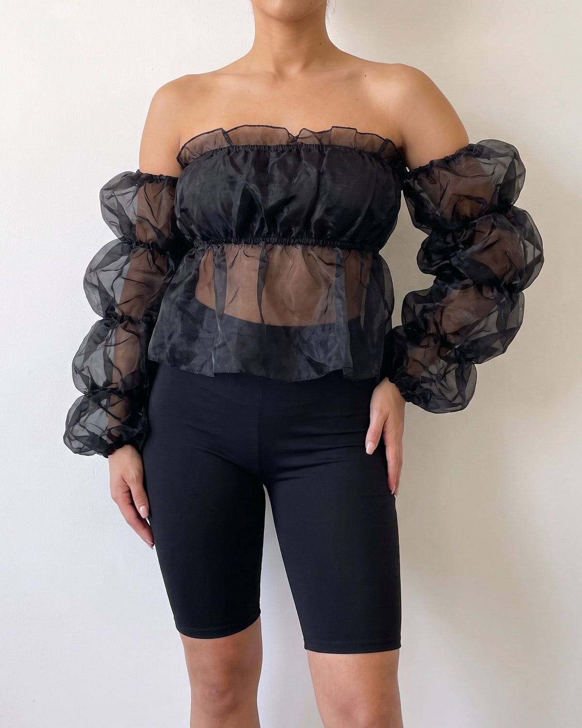 Black organza sleeve detailed set, alternate front view on model