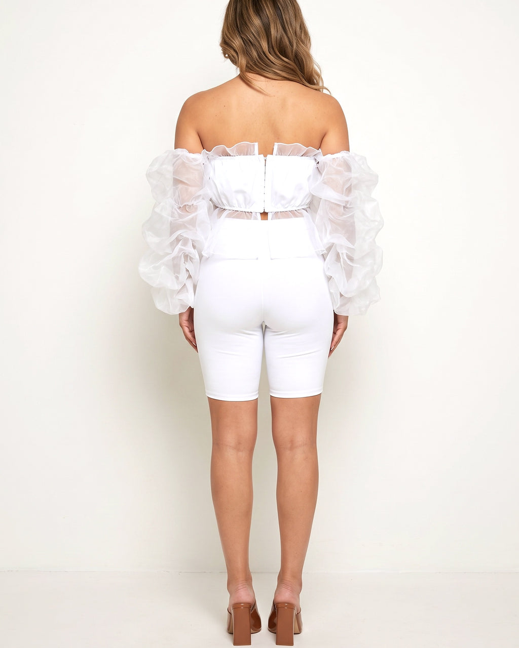 White organza sleeve detailed set, back view on model