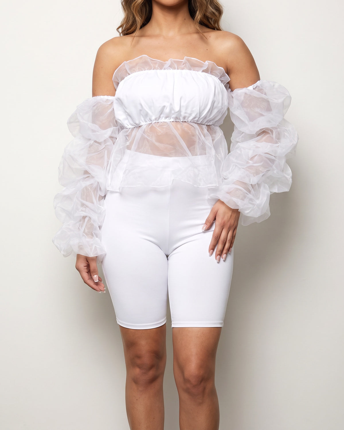 White organza sleeve detailed set, alternate front view on model