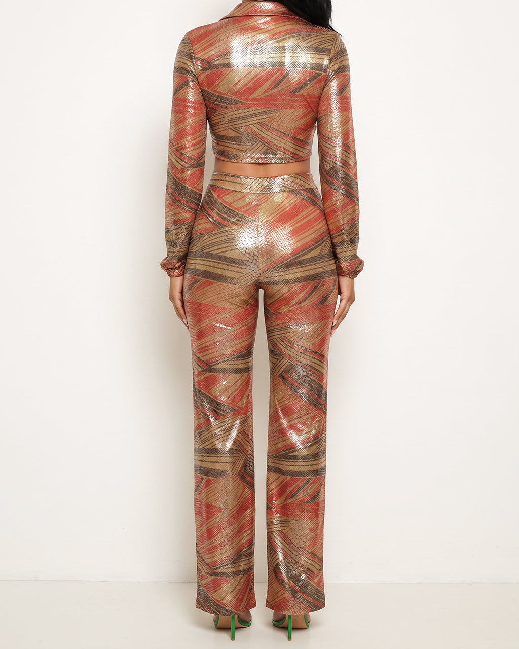 Rust o ring trim tie back top and pants, back view on model