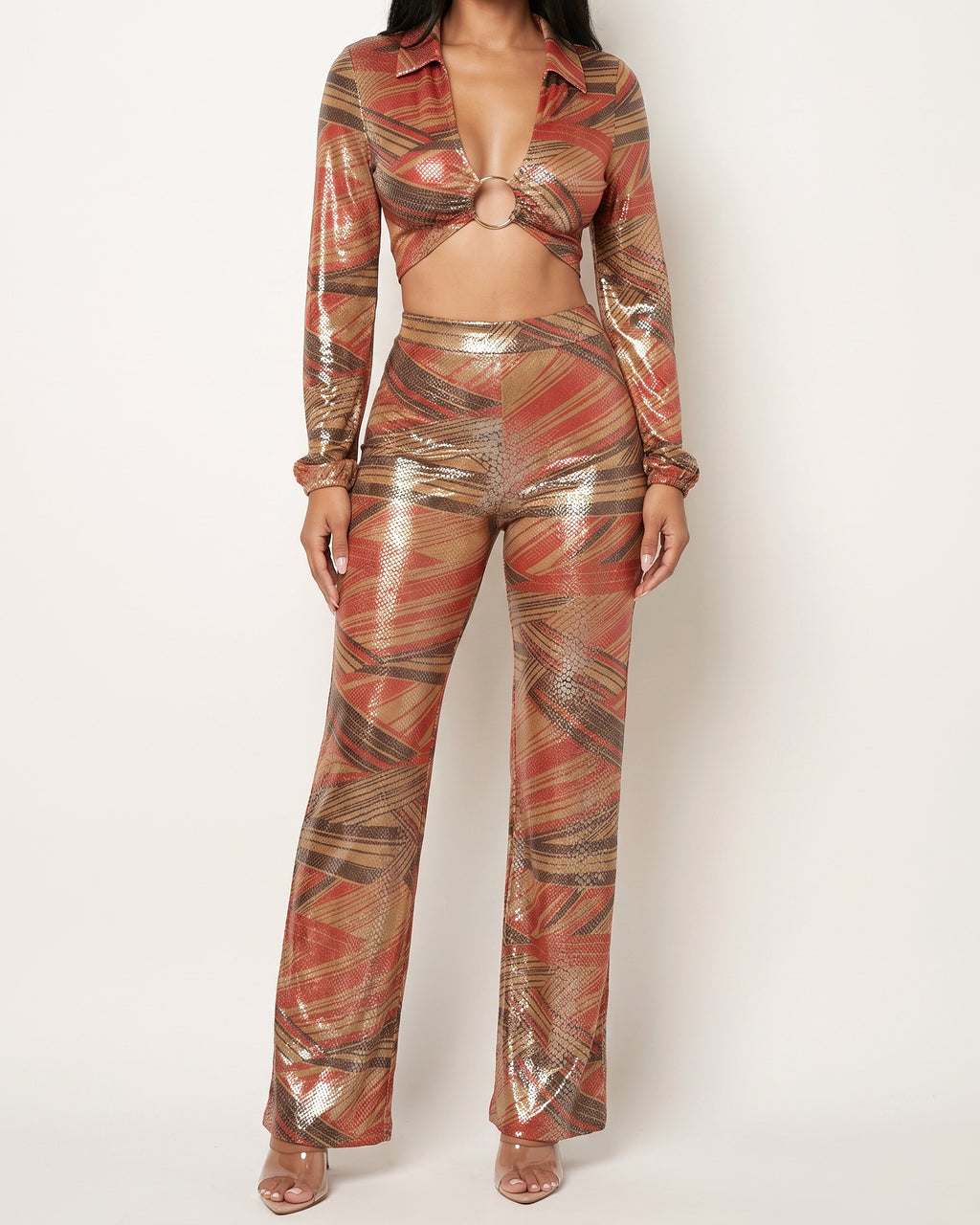 Muvin women's rust o ring trim tie back top and pants, front view on model