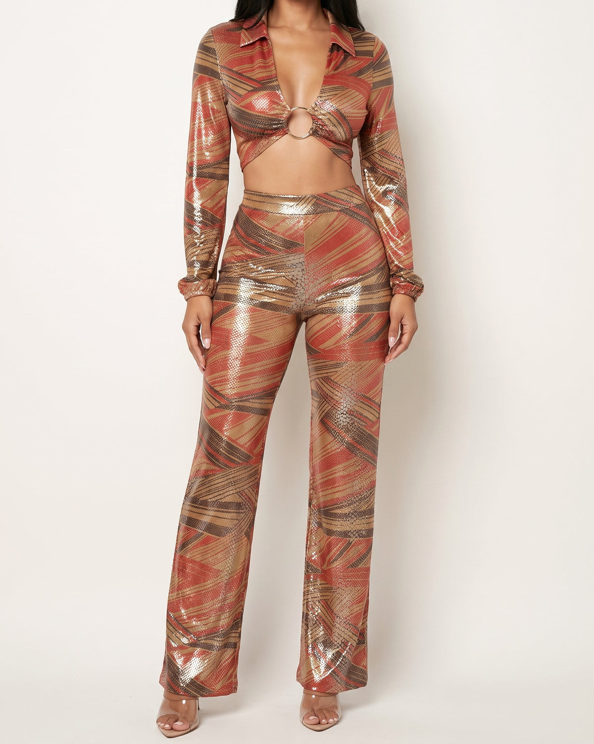 Muvin women's rust o ring trim tie back top and pants, front view on model