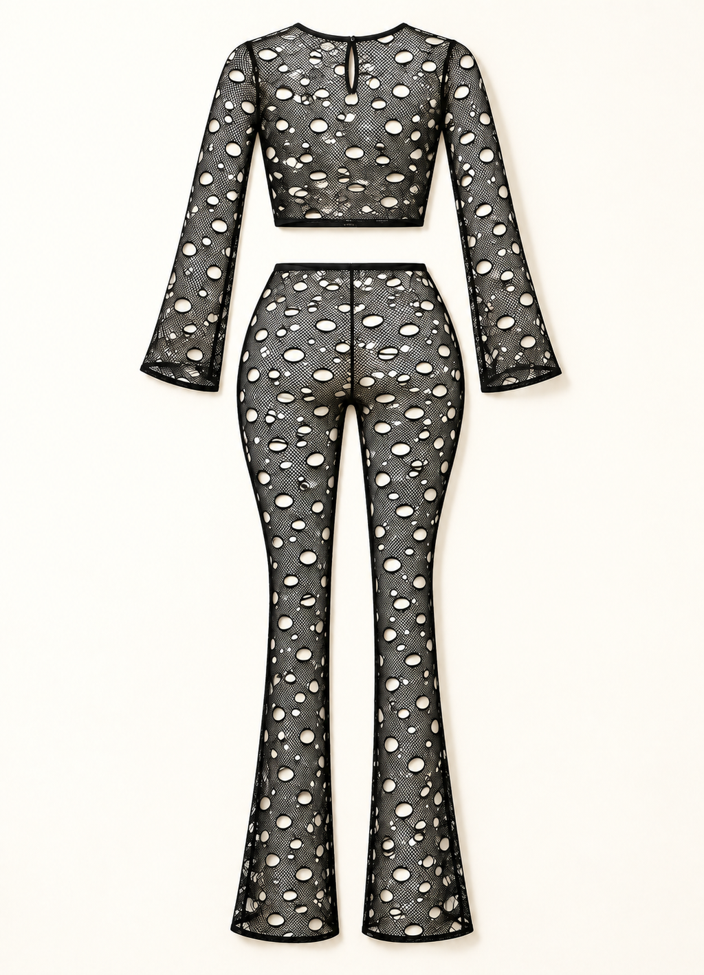 Black hole fishnet long sleeve crop top and flared pants set — back flat lay