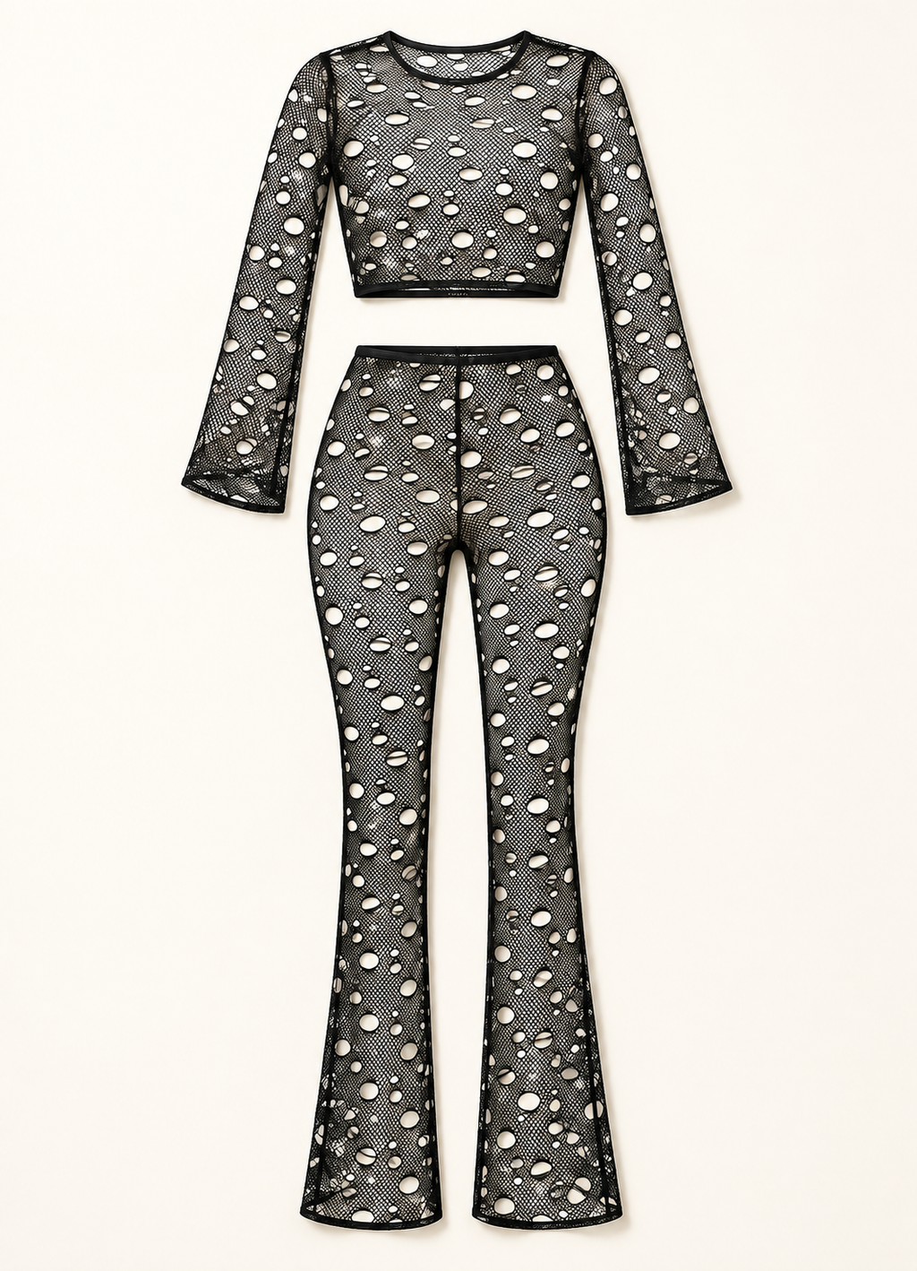 Black hole fishnet long sleeve crop top and flared pants set — front flat lay