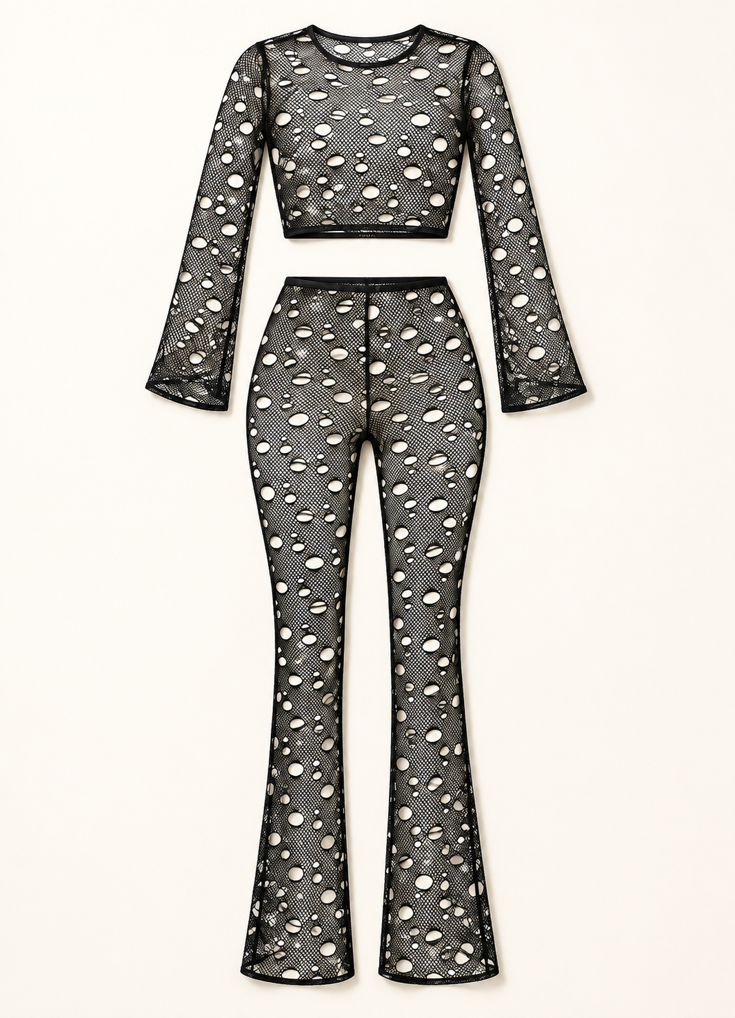 Black hole fishnet long sleeve crop top and flared pants set — front flat lay