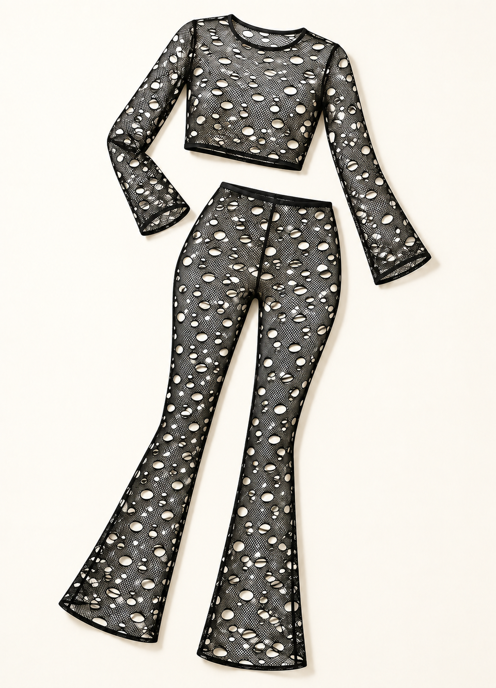 Black hole fishnet long sleeve crop top and flared pants set — alternate front flat lay