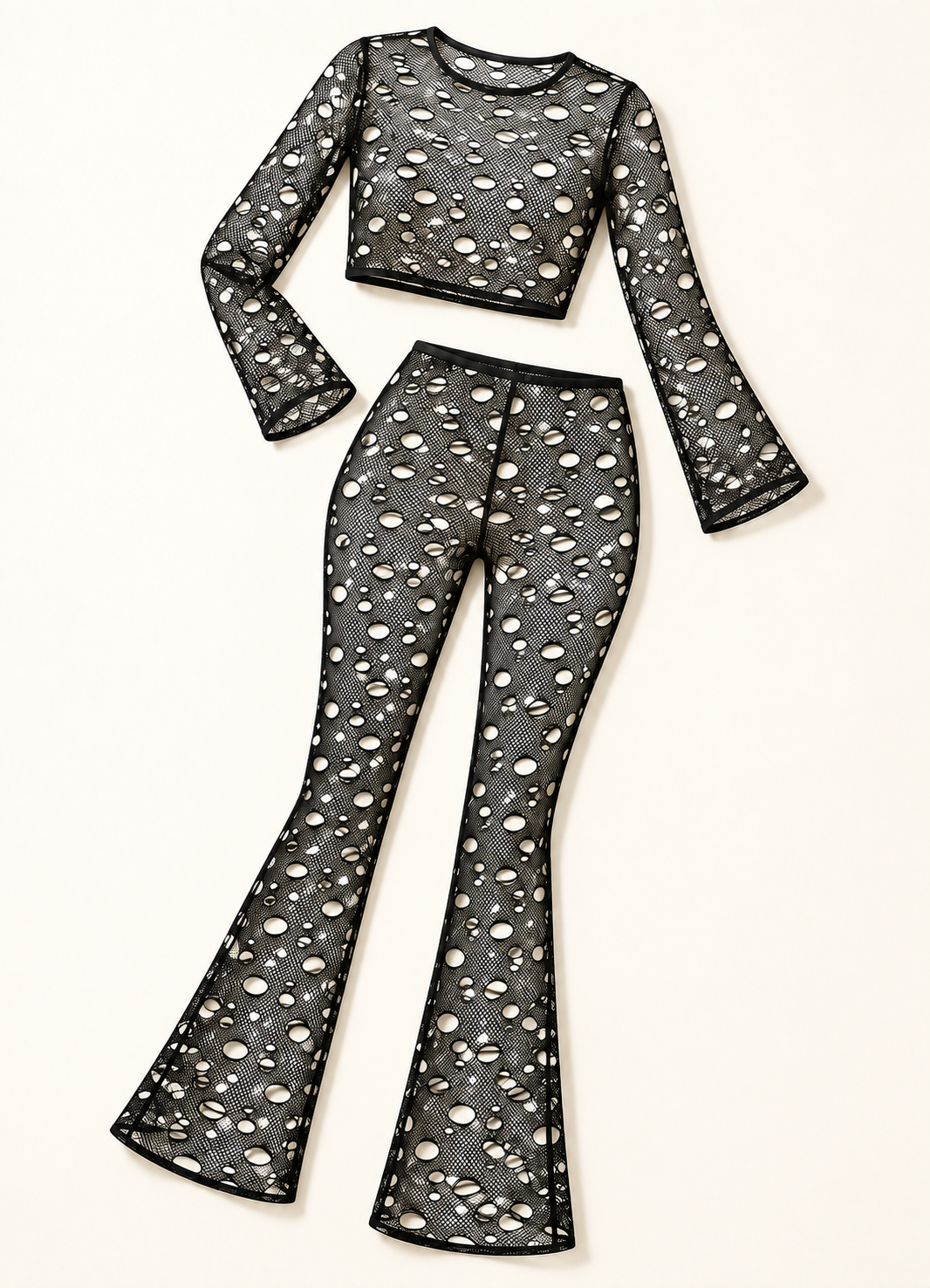 Black hole fishnet long sleeve crop top and flared pants set — alternate front flat lay