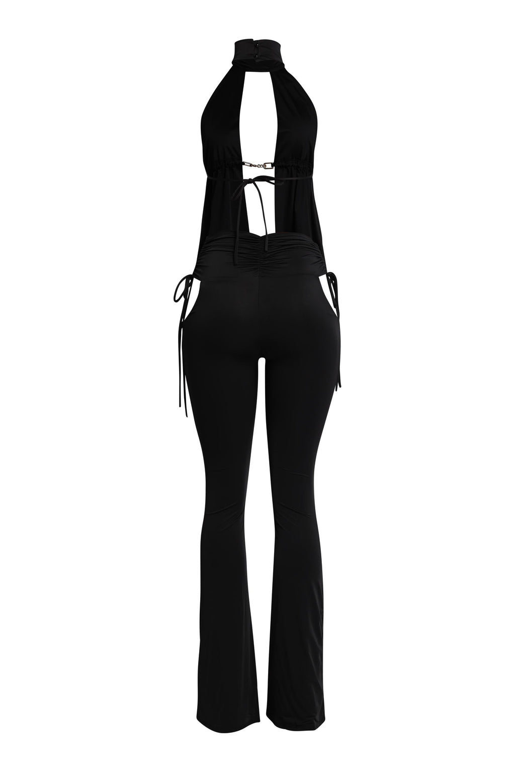 Black halter open front top and flare pant set, back view on model