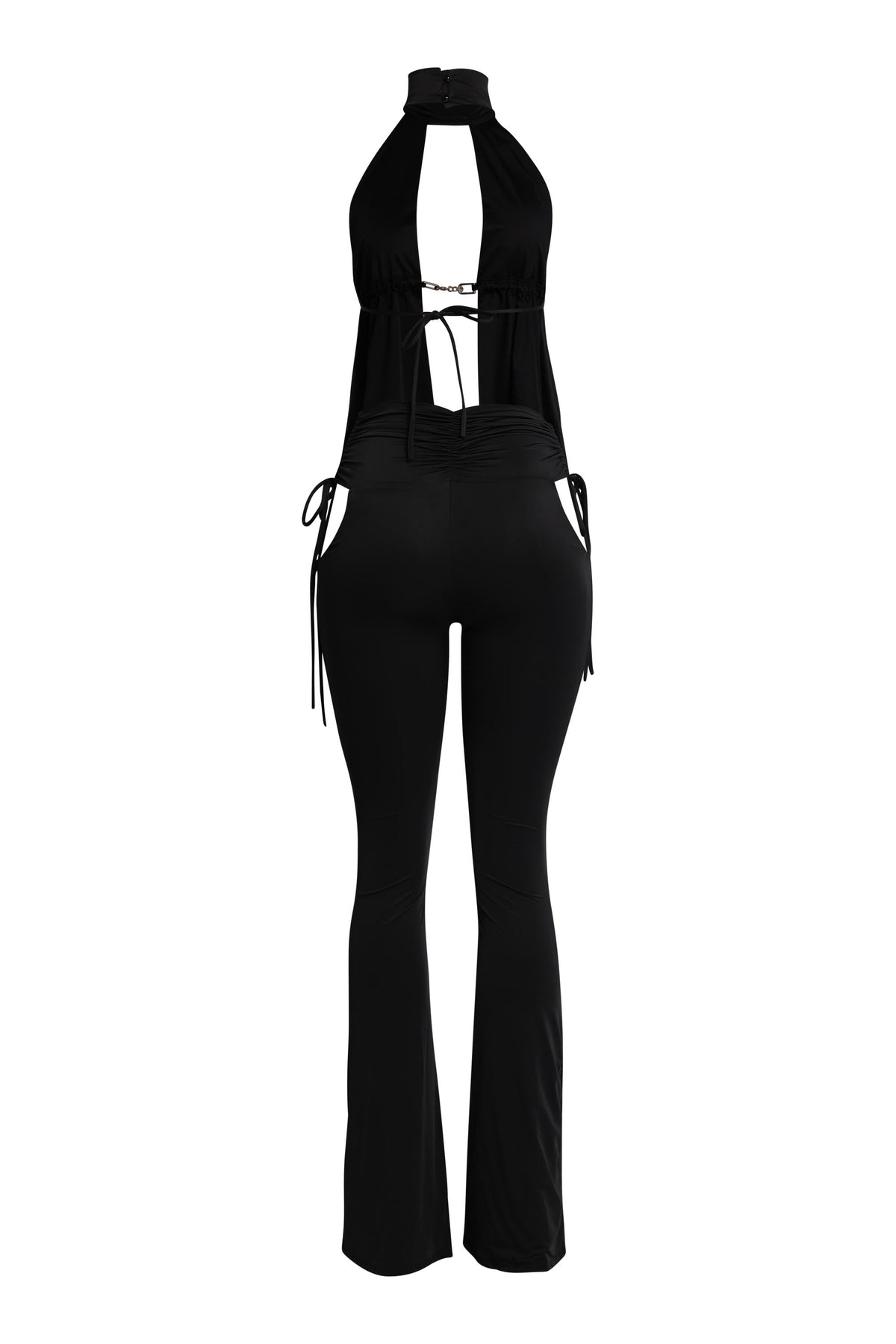 Black halter open front top and flare pant set, back view on model