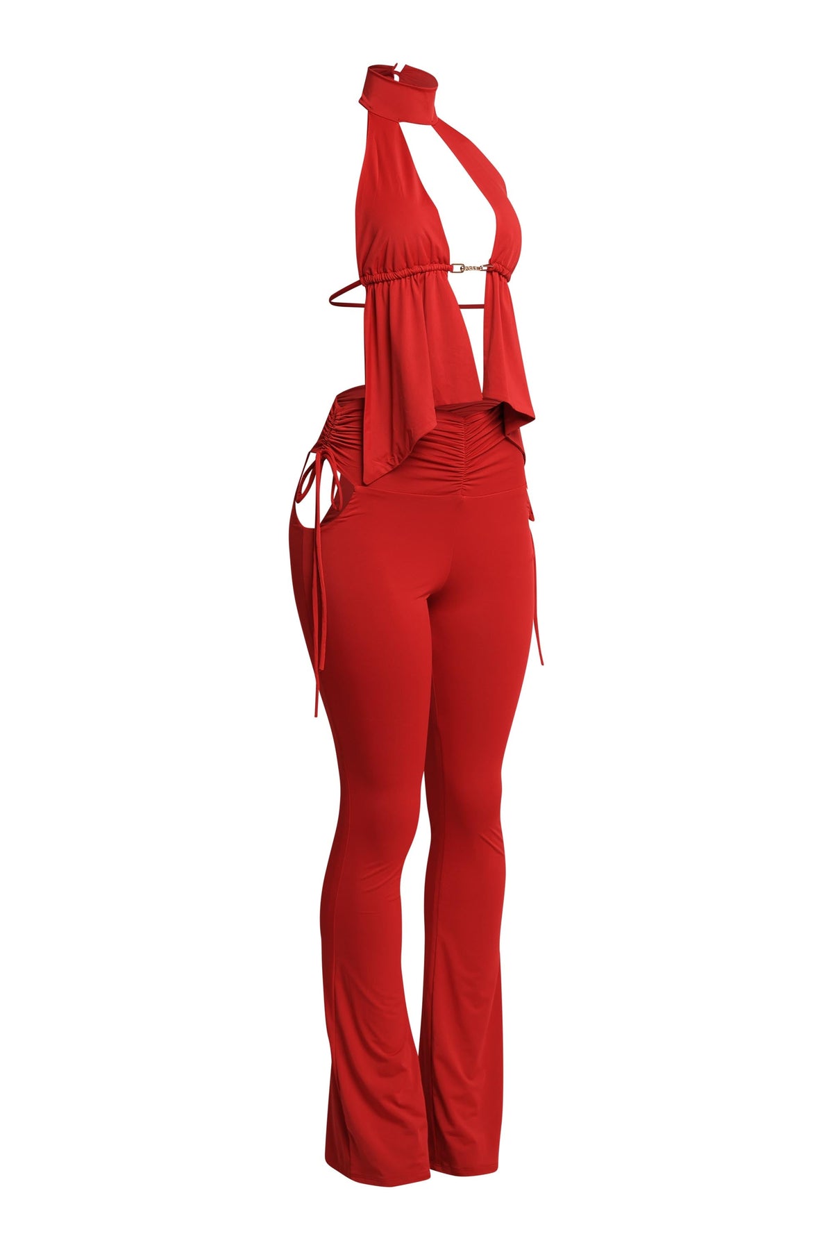 Red halter open front top and flare pant set, close-up view on model