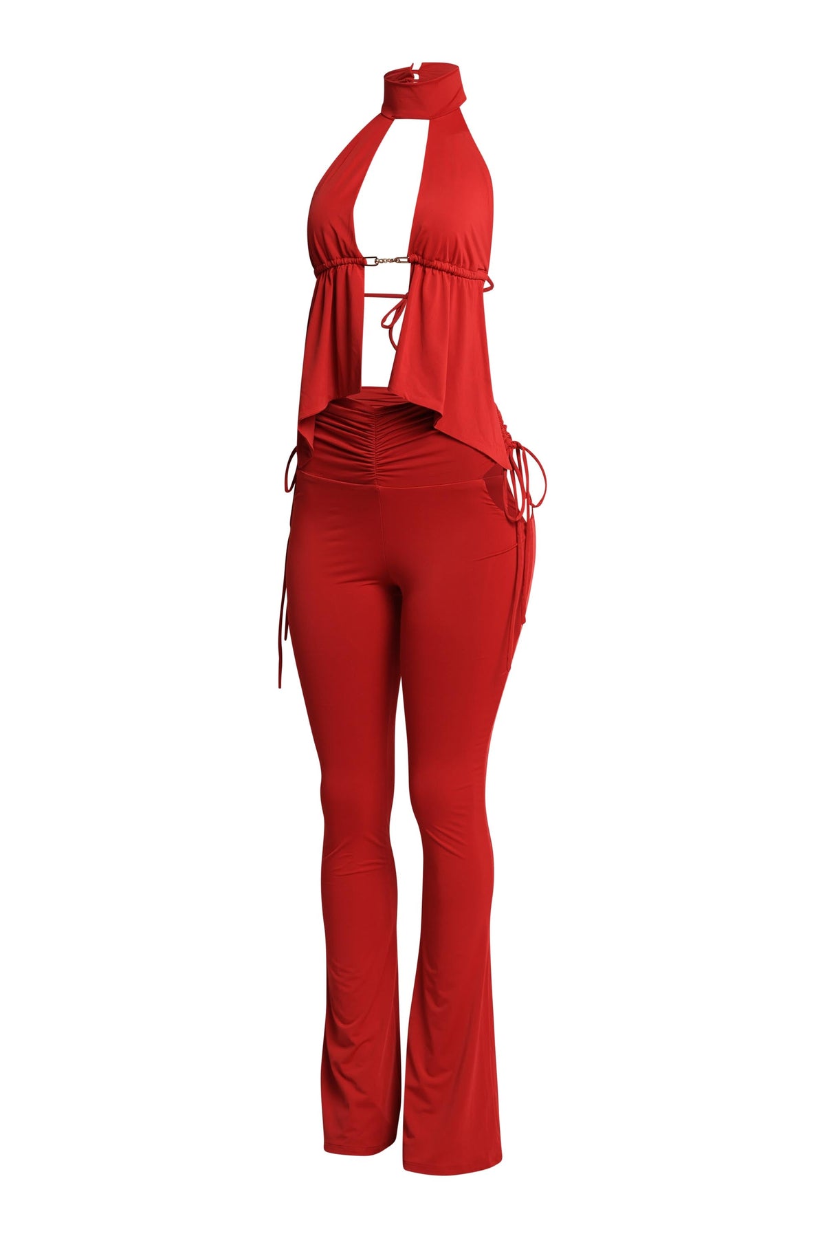 Red halter open front top and flare pant set, styled look on model