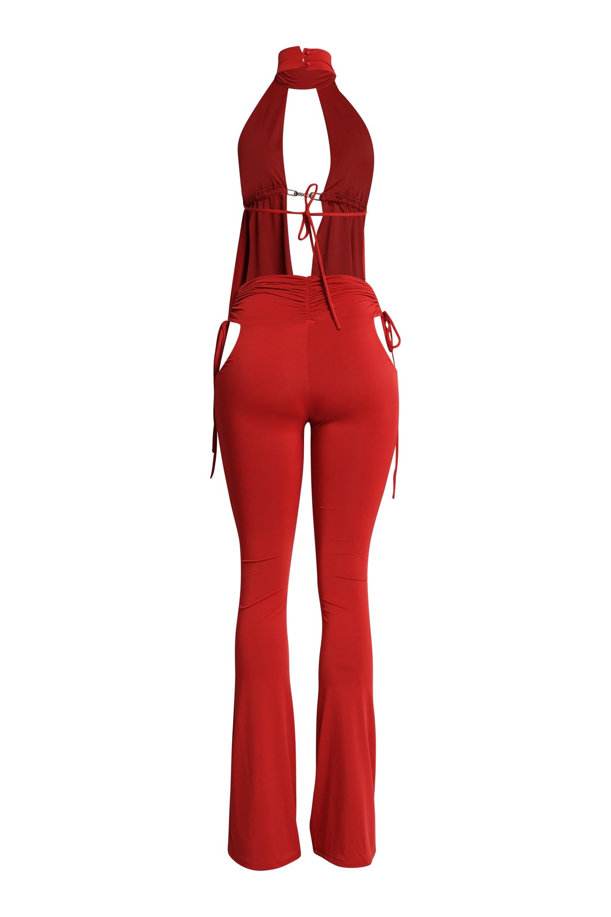 Red halter open front top and flare pant set, full-length view on model
