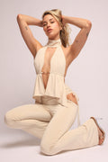 Halter Open Front Top & Flare Pant Set in Beige – Side view