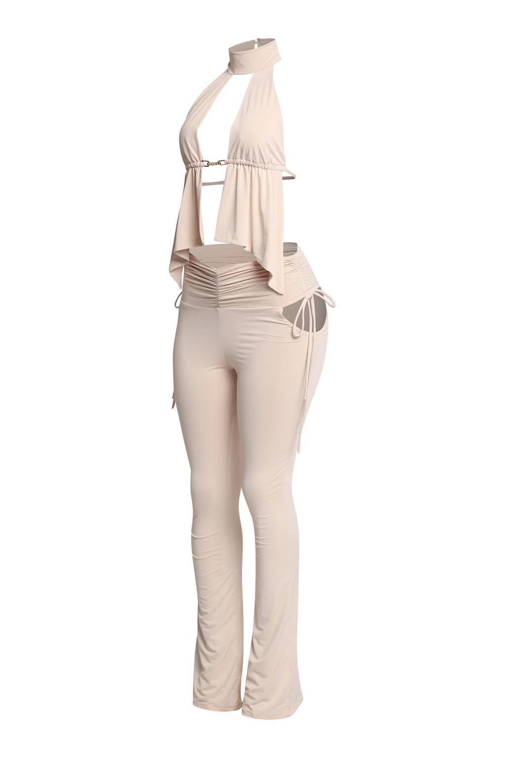 Beige halter open front top and flare pant set, side view on model