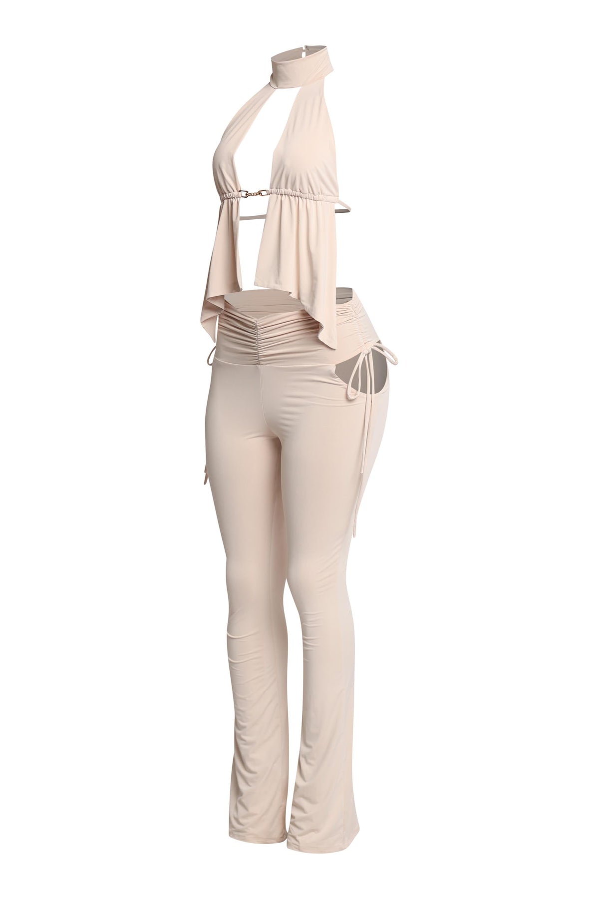 Beige halter open front top and flare pant set, side view on model