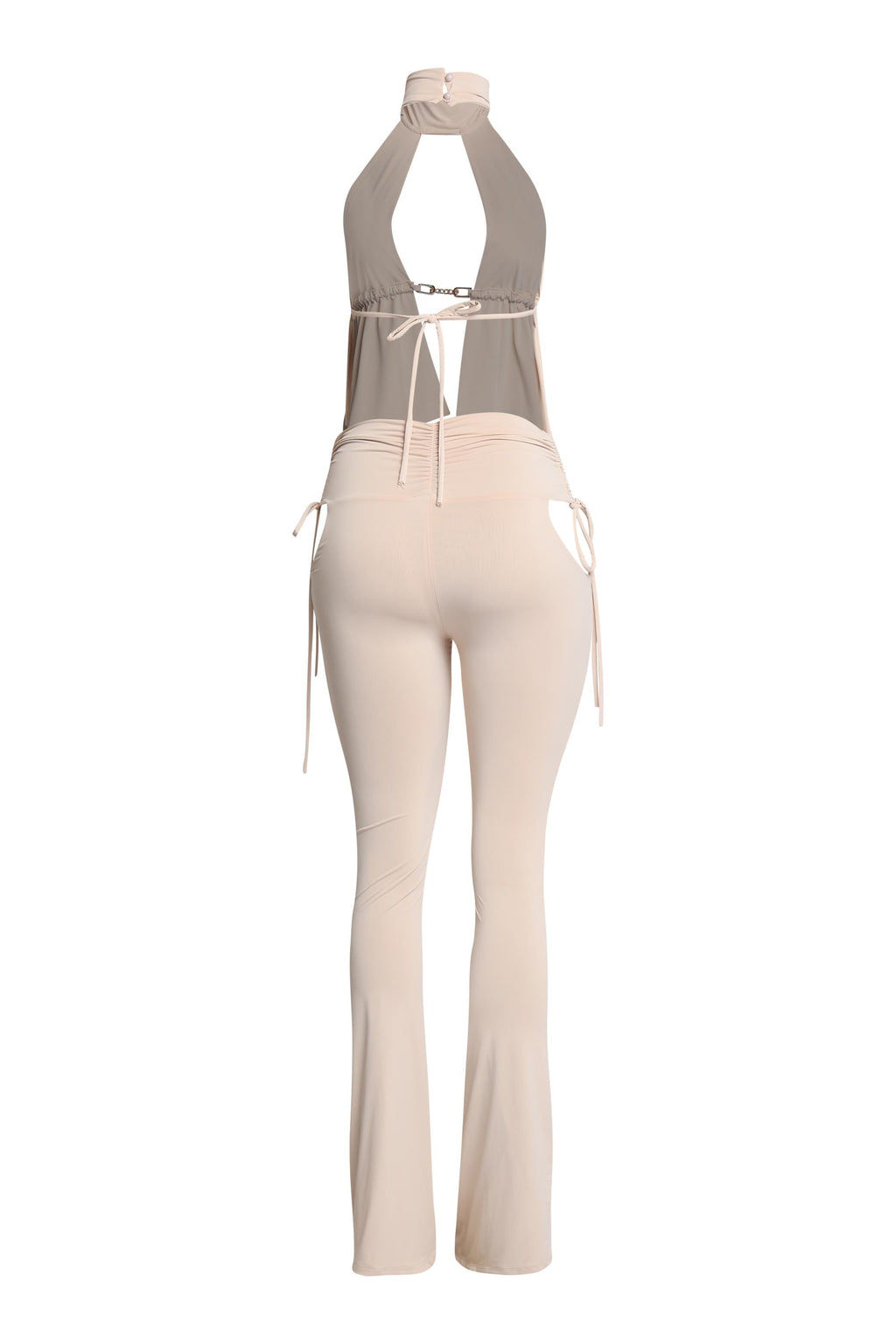Beige halter open front top and flare pant set, detail view on model