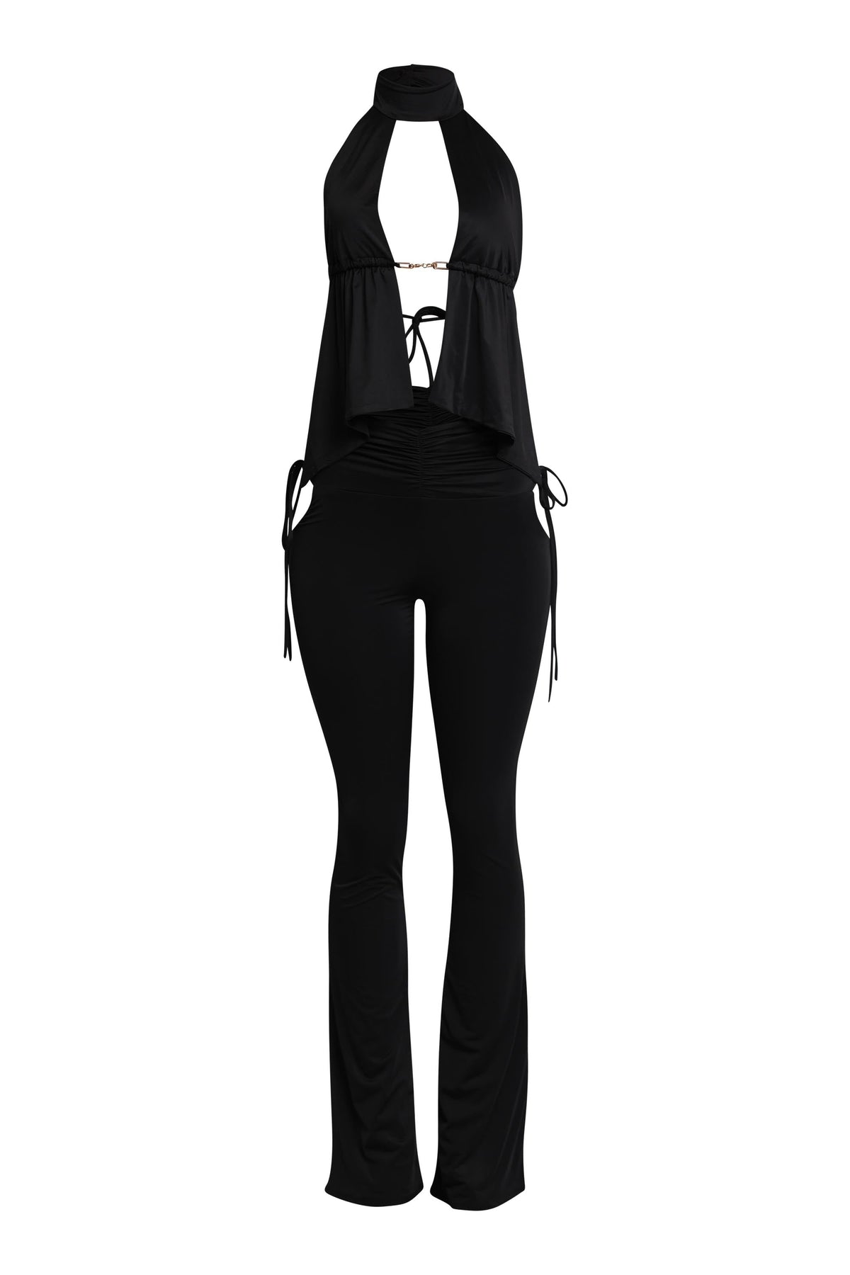 Black halter open front top and flare pant set, front view on model