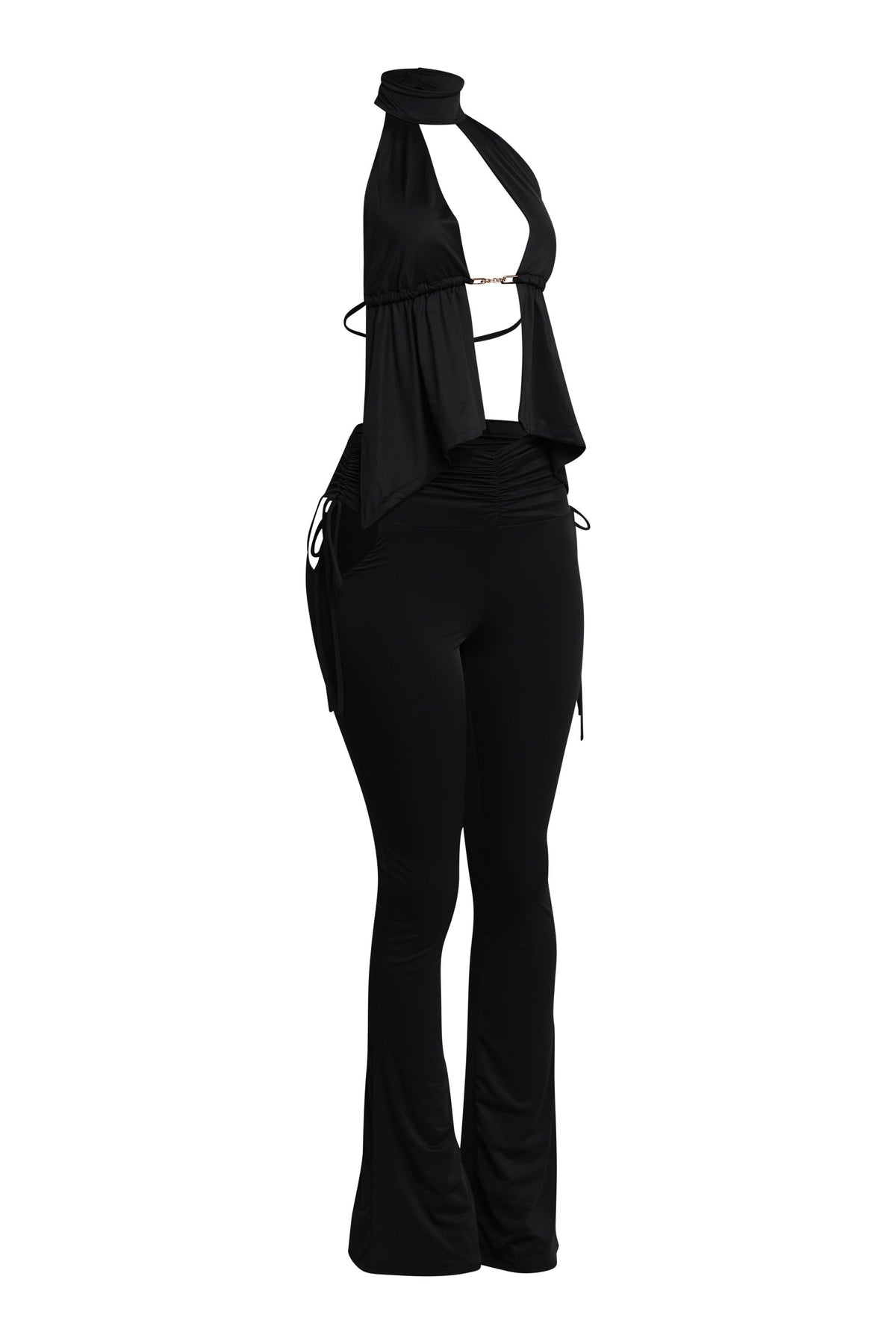 Black halter open front top and flare pant set, alternate front view on model
