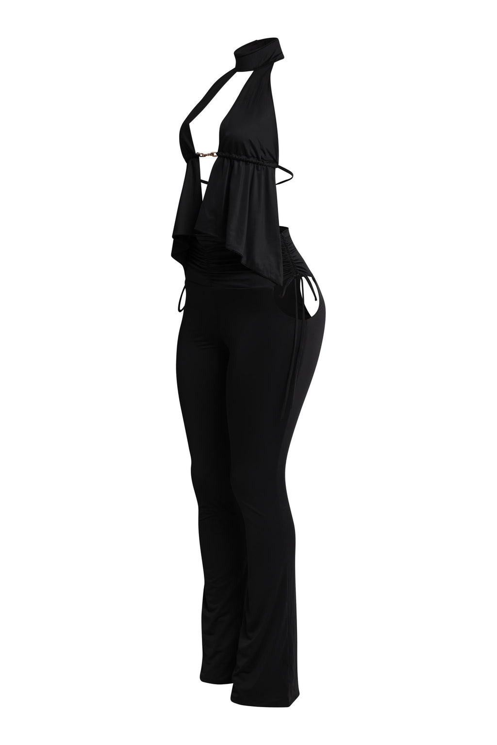 Black halter open front top and flare pant set, detail view on model
