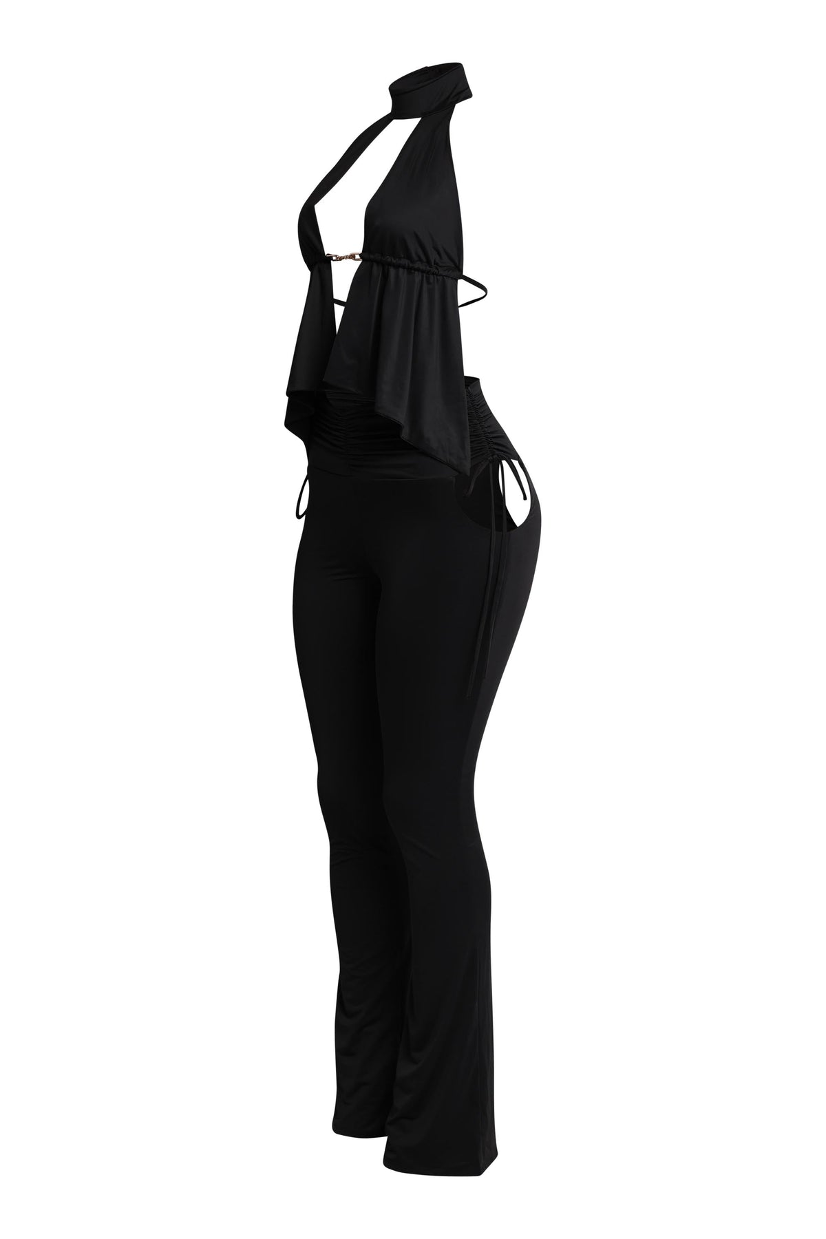 Black halter open front top and flare pant set, detail view on model