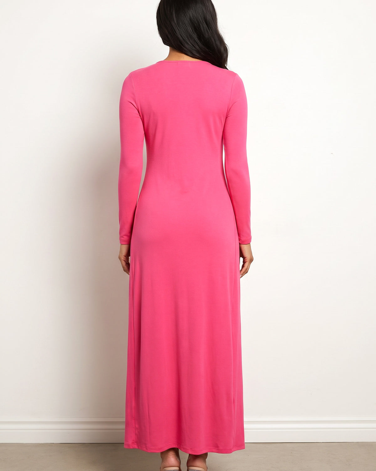 Pink tie front top and mini skirt, back view on model