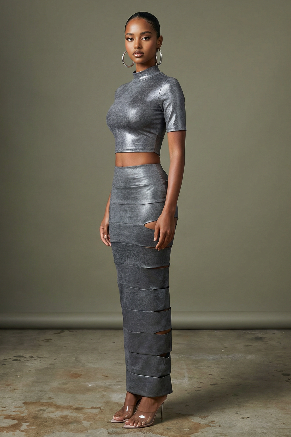 Grey laser cut mesh crop top and maxi skirt set flat lay