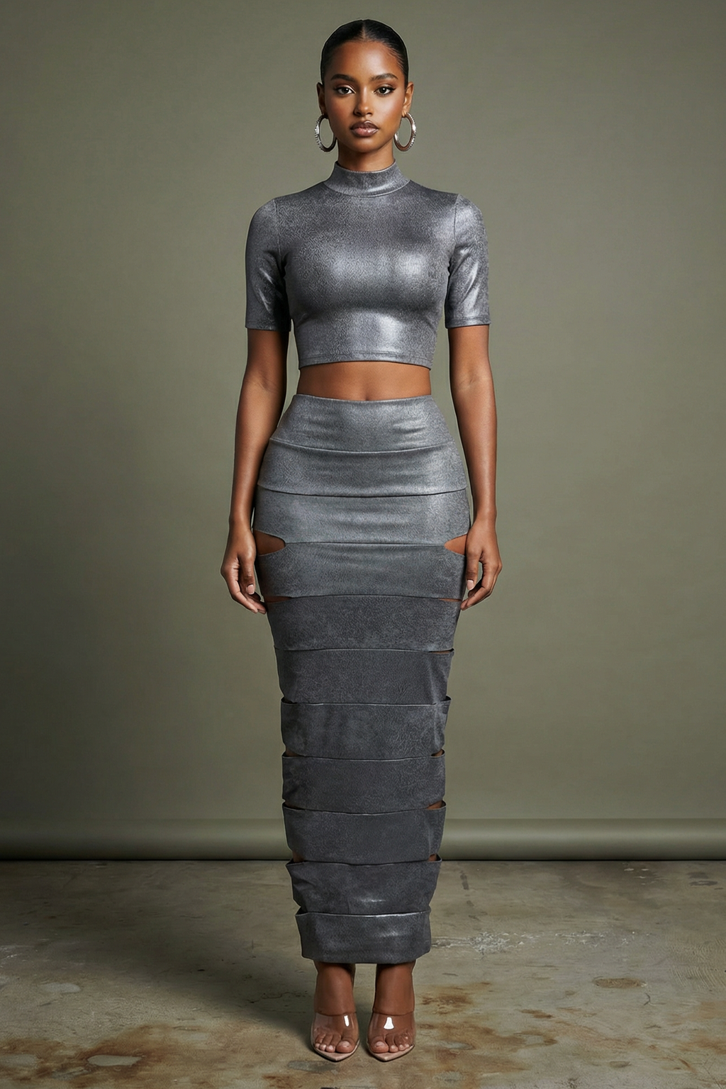Grey laser cut mesh crop top with cutout detail and high-waisted maxi skirt set