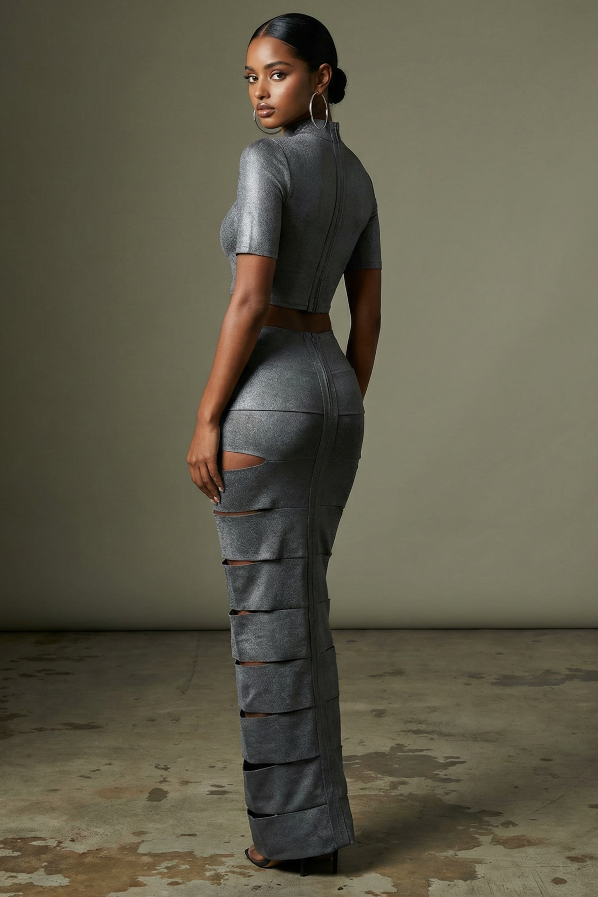 Grey laser cut mesh crop top and maxi skirt set, back view