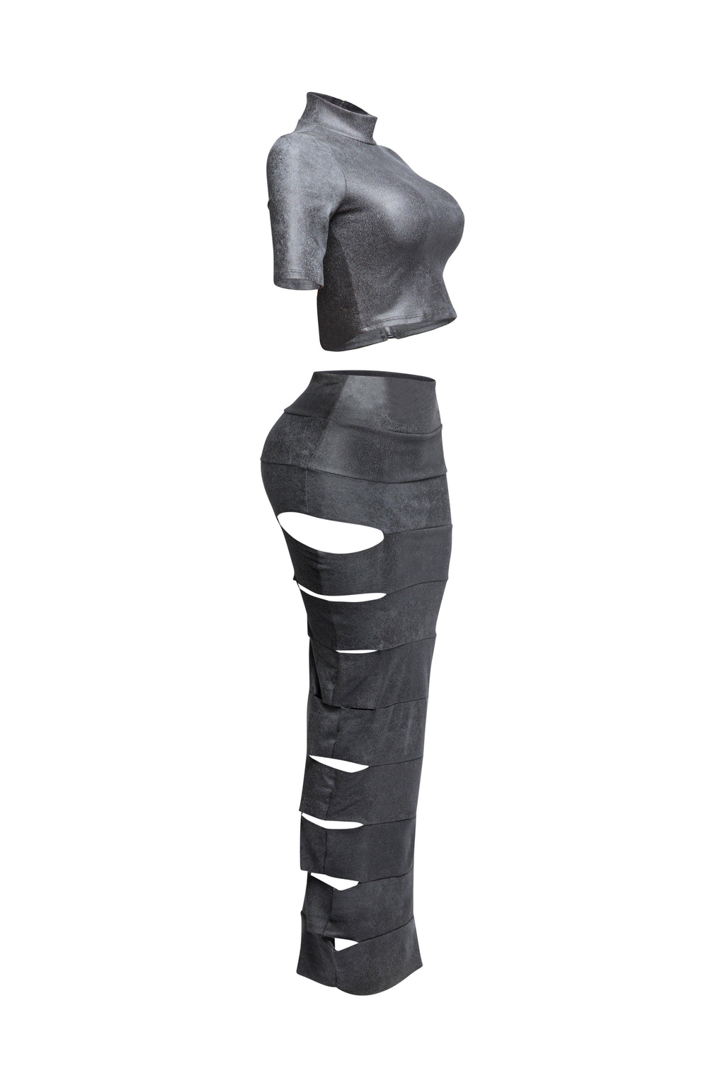 Grey laser cut crop top and maxi skirt set, detail view on model