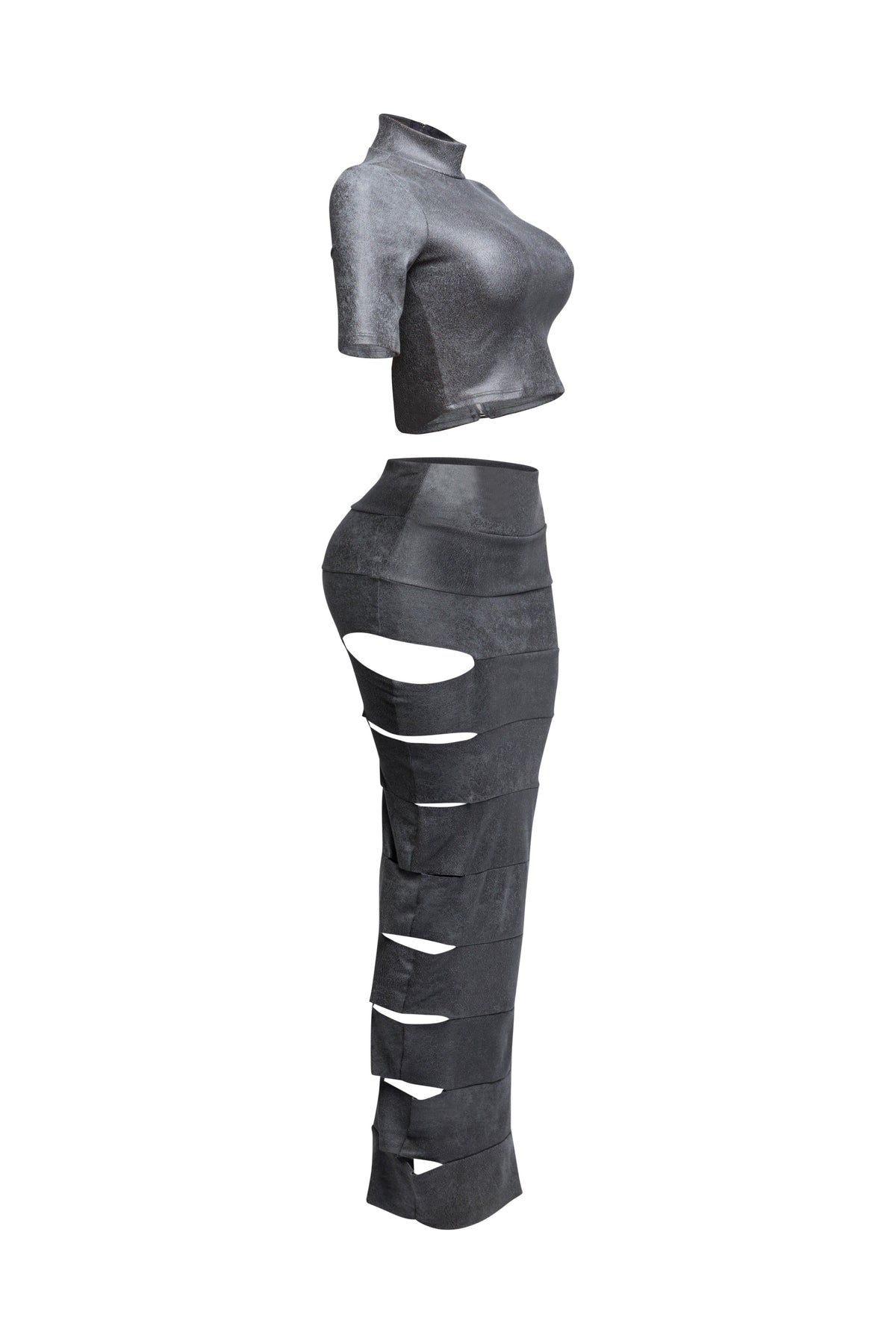 Grey laser cut crop top and maxi skirt set, detail view on model