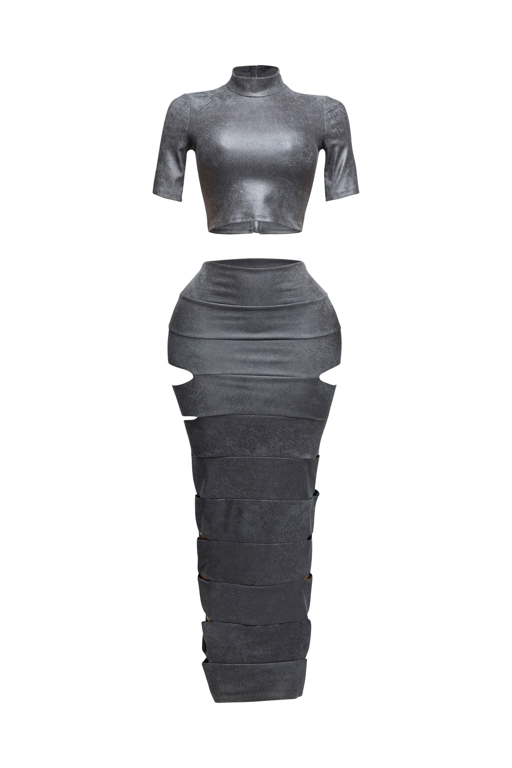Laser cut mesh two-piece crop top and maxi skirt, side profile
