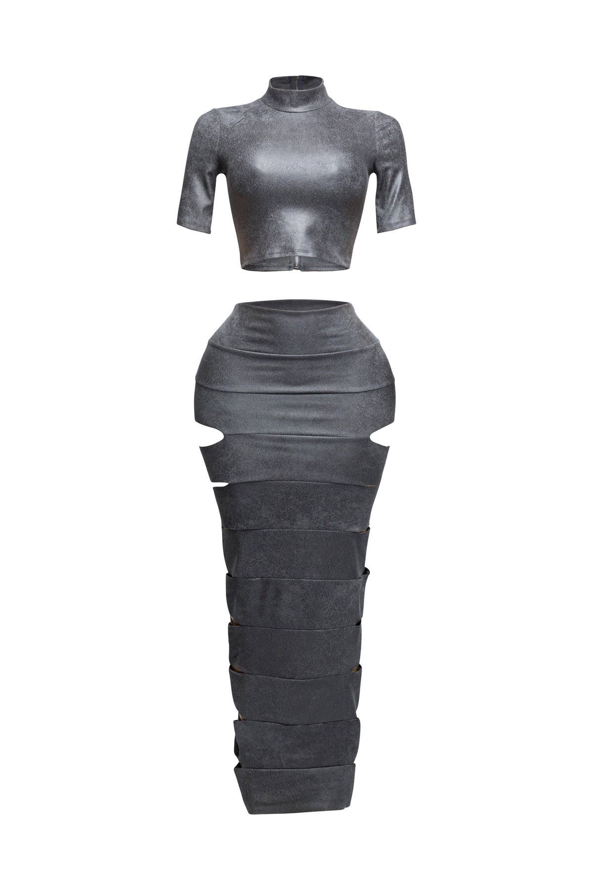 Laser cut mesh two-piece crop top and maxi skirt, side profile