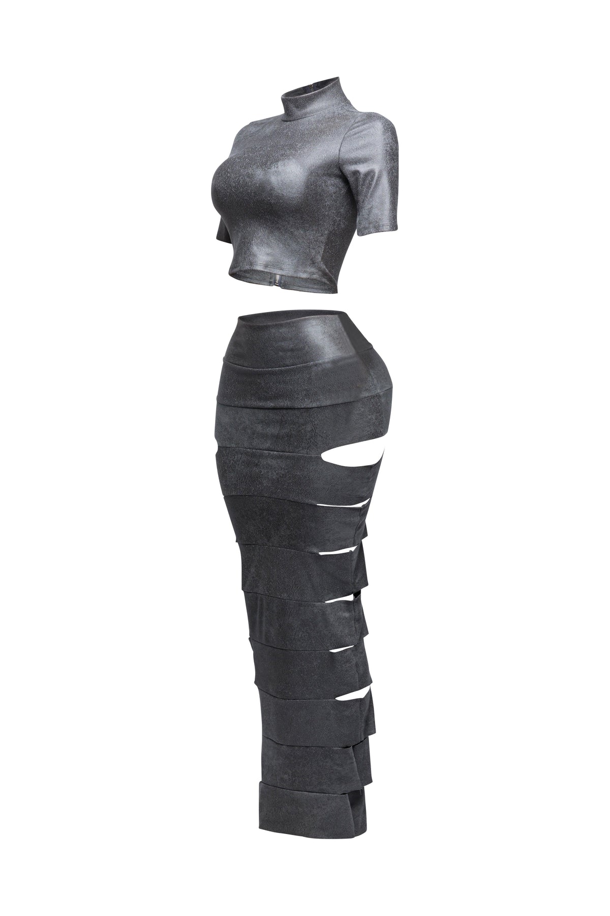 Grey laser cut crop top and maxi skirt set, side view on model