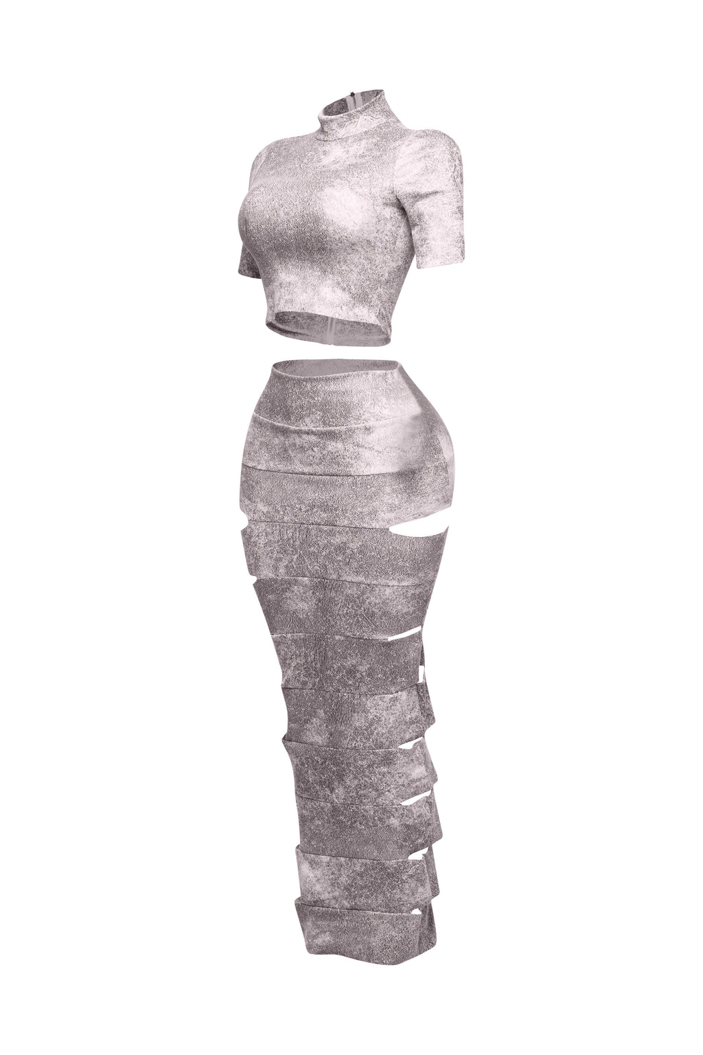 Pink laser cut crop top and maxi skirt set, detail view on model