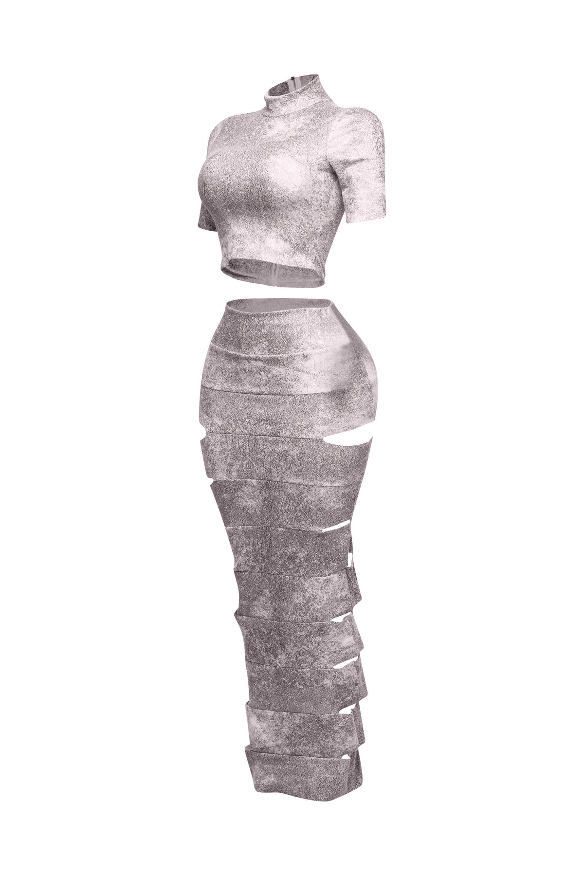 Pink laser cut crop top and maxi skirt set, detail view on model